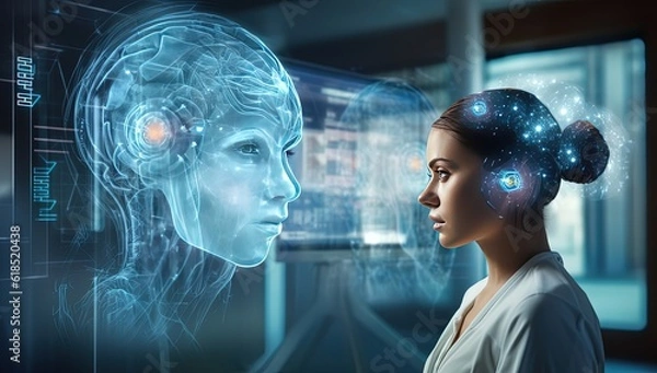 Fototapeta light trail network on woman head with hologram smart screen, idea for neurolink research education concept, Generative Ai