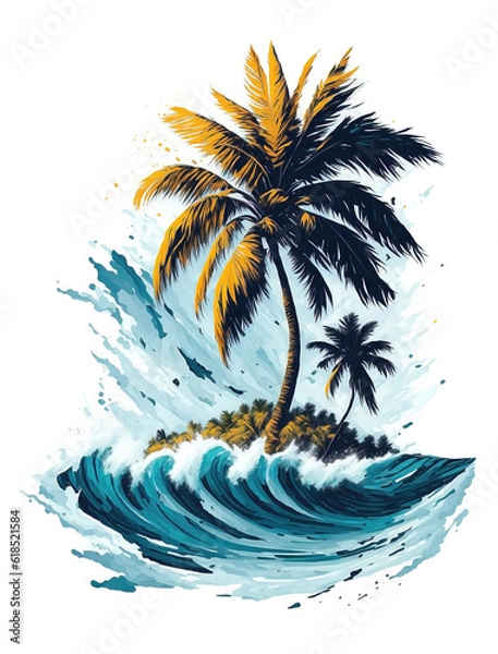Fototapeta Palm tree on a tropical island with beach and sea waves, flat sticker illustration isolated on white.