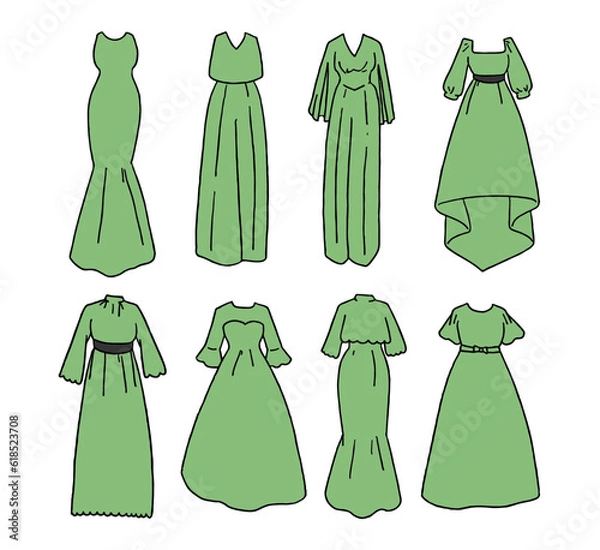 Fototapeta 緑のカラードレスのイラストセット
