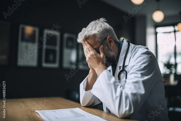 Fototapeta A sad doctor covering face with hands.Created with generative ai