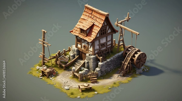 Fototapeta medieval mill and housing ai gen digital render