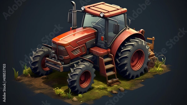 Fototapeta farm tractor red digital render 3d art gen isometric ai