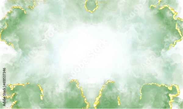 Fototapeta green alcohol ink graceful abstract ink flow art mixed with gold patterns with a translucent background.