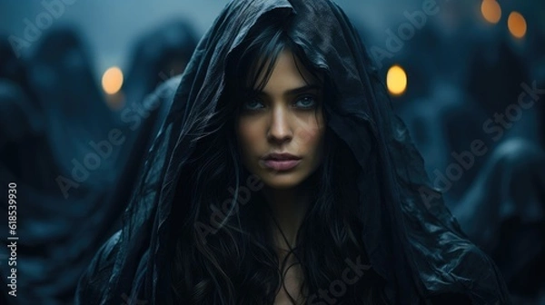 Fototapeta Scared young female dressed in all black on dark background, Grim reaper death funeral.