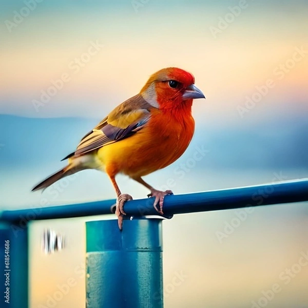 Obraz finch bird ,realistic picture , colurfull, blue sky 
