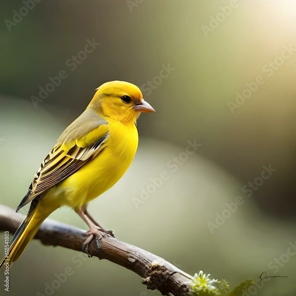 Fototapeta a delightful canary bird perched on a delicate branch. Its feathers are a brilliant shade of yellow, exuding a sunny and cheerful vibe