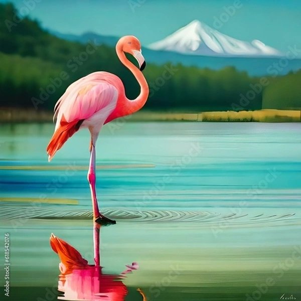 Obraz Magnificent flamingo standing tall on one leg in the shallow water .
