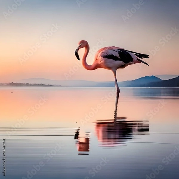 Obraz Flamingo in the sunset , standing tall on one leg in the shallow water .