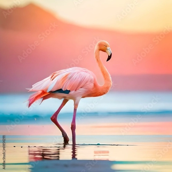 Obraz The elegant and graceful flamingo bird, standing tall on one leg in the shallow water, The flamingo's long, slender neck , it extends its wings, showcasing their magnificent span and a contrasting d