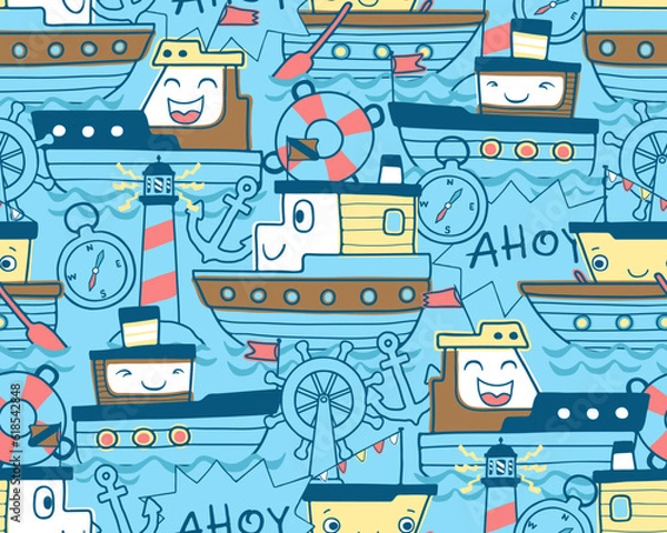 Fototapeta Seamless pattern vector of funny boat cartoon with sailing elements