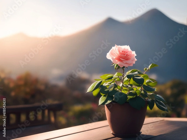 Fototapeta Exquisite Blossoming Pink Rose: Nature's Masterpiece in a Clay Pot, Adorning a Rustic Wooden Table. A Breathtaking Hilltop Backdrop Bathed in Sunlight Amplifies its Splendor