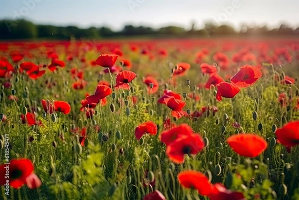 Fototapeta Red poppies in a poppies field - desaturated background.AI generated