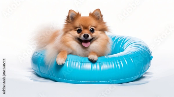 Obraz German spitz dog with pool float. Generative AI.