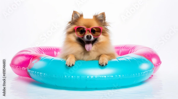 Obraz German spitz dog with pool float. Generative AI.