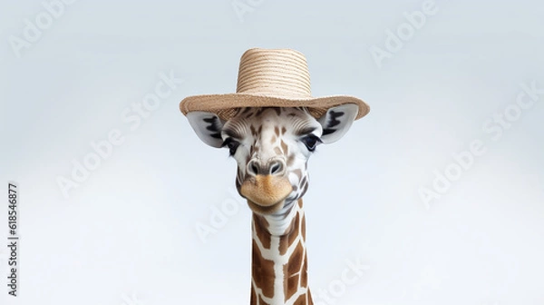 Obraz Giraffe bith beach hat. Generative AI.