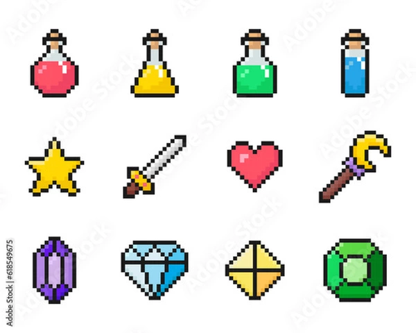 Obraz pixel art vector set of icons, game set, health, mana potion, vintage, 8 bit, 80s, 90s games, computer arcade game items, sword, gem, crystal, wand, heart, star