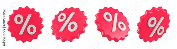 Obraz Set of discount red emblems for sales and shopping online. Price percent tag offer promotion isolated. 3d rendering.