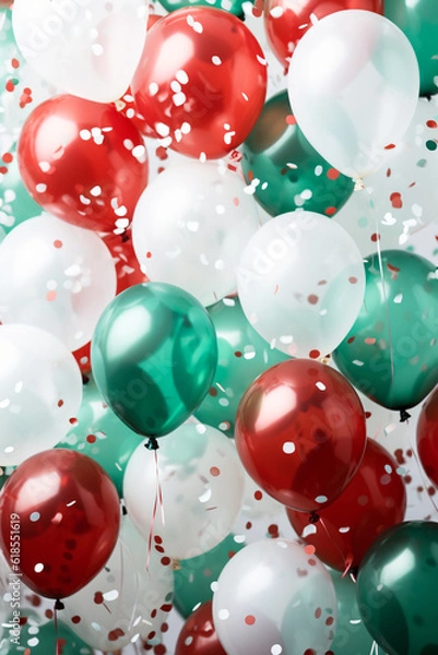 Fototapeta fliegende rote, grüne und weiße Party Ballons mit Konfetti. Generative Ai.