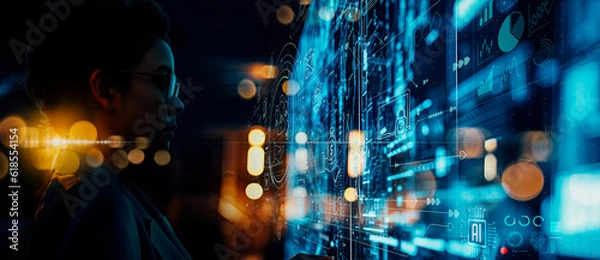 Obraz AI Marketing i Insurrace Tool Concept, bizneswoman szuka nowoczesnego pulpitu nawigacyjnego Precing Innovation Ubezpieczenie online dla samochodu, podróży, rodziny i życia, ubezpieczenia finansowego i zdrowia.