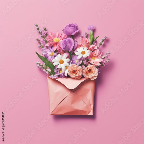 Obraz Minimal flatlay composition with a paper envelope filled with colorful field flowers on pastel pink. Generative AI.