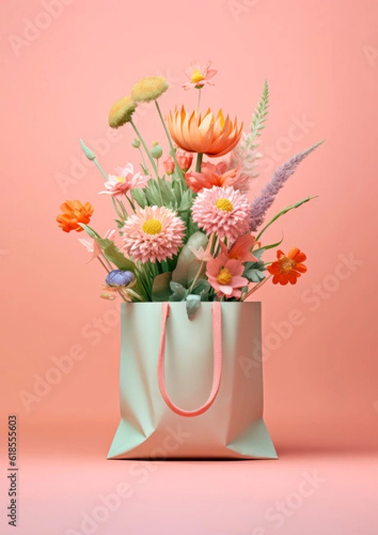 Obraz A shopping bag full of freshly picked colorful medow flowers on a minimal pastel background. Pink tones. Happy shopping concept. Generative AI.