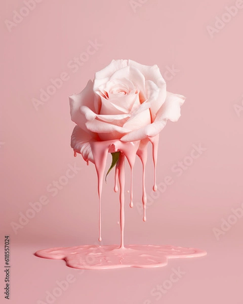 Fototapeta Beautiful pink rose flower from which droplets of paint are dripping in monochromatic tones on a minimal pastel background. Generative AI.