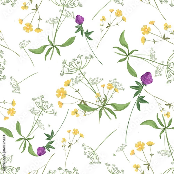 Fototapeta Trendy seamless floral textile print. Aerial flora pattern. Botanical print with meadow herbs and medium-sized flowers, thin stems, graceful fragile, loose pattern.Natural colors. Vector, hand drawing
