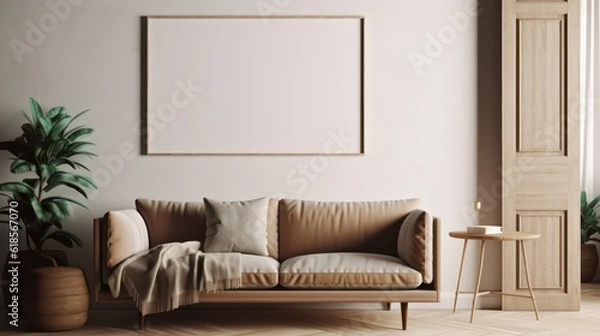 Obraz Poster frame mockup in brown living room with sofa,armchair and table.3d rendering
