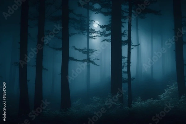 Fototapeta Dense forest at night. Smoke in air creating ghosty scene. Generative AI.