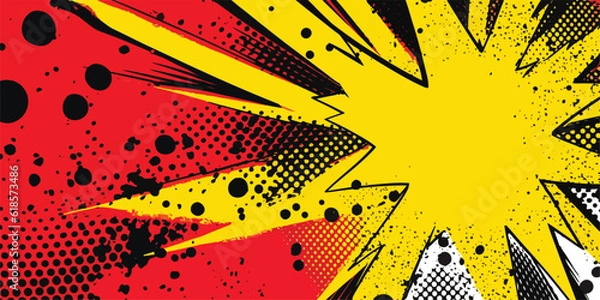 Obraz Projekt okładki komiksu retro, boom, eksplozja, huk, ze światłem i kropkami. Można wykorzystać do dekoracji lub grafiki. Grafika. Wektor. Ilustracja