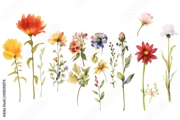 Fototapeta Generative AI images , Various watercolor painting of summer flowers on white background, isolated flowers on white background