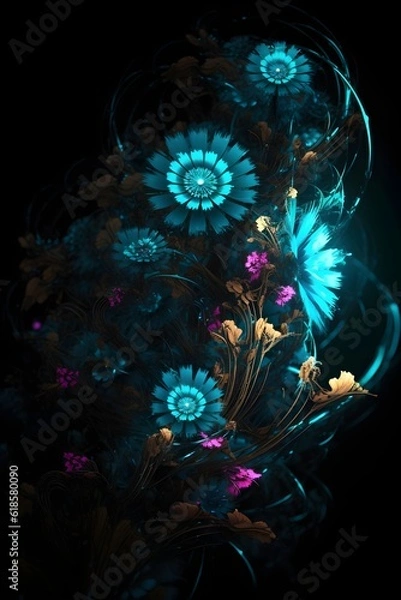Fototapeta Generative AI images, fluorescent tulips flower on black background