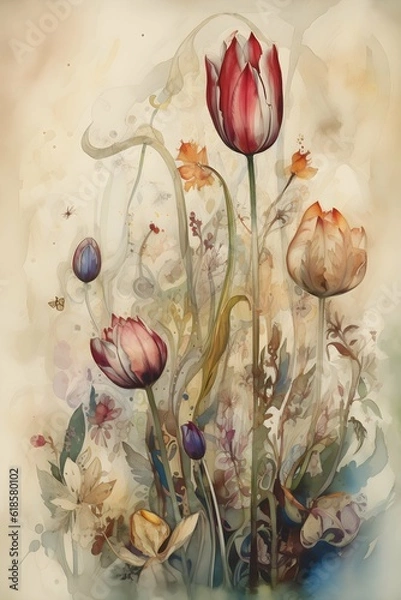 Fototapeta Generative AI images , tulips flower in oil painting canvas, art of flowers.