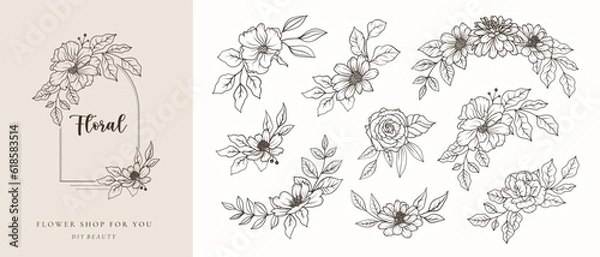 Fototapeta Set of floral botanical black line art bouquets. Flowers and leaves line art hand drawn arrangements frame, wreath. Vector illustration for wedding invitation save the date card, flower shop