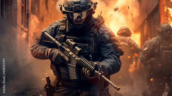 Fototapeta Special Forces Soldier with Rifle and Gas Mask with fire in Background AI Generative