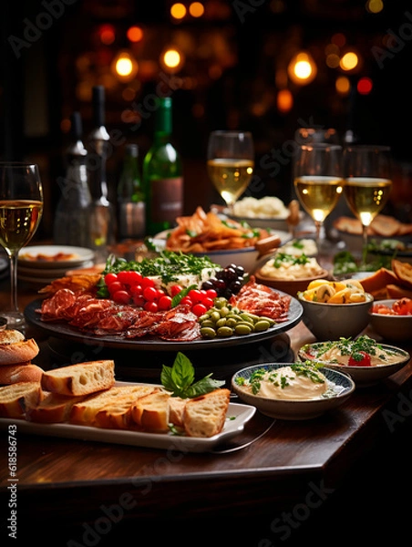 Fototapeta Elegant and select restaurant table Tapas and appetizers, assorted canapés on the bar table Soft light and romantic atmosphere food 