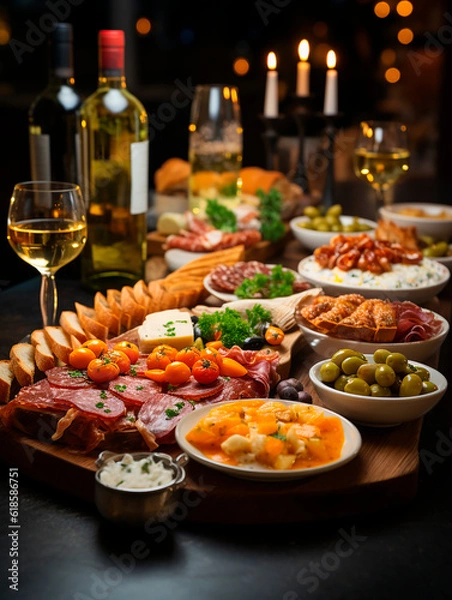 Obraz Elegant and select restaurant table Tapas and appetizers, assorted canapés on the bar table Soft light and romantic atmosphere dinner food 
