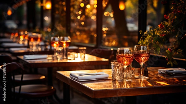 Fototapeta Elegant and select restaurant table Wine Glass and appetizers, on the bar table Soft light and romantic atmosphere dinner wedding service menue