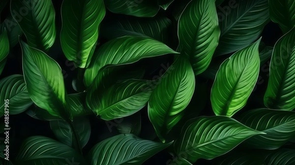 Fototapeta Close-up Serenity, Dark Tone Background of Spathiphyllum Cannifolium Leaves in the Garden, Embodying the Essence of Tropical Nature, generative ai.