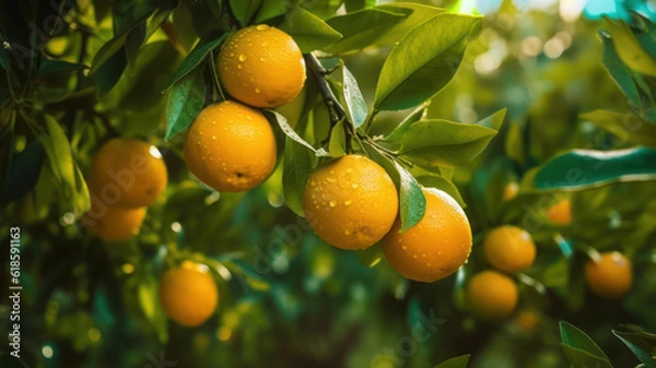 Fototapeta Fresh oranges on a tree, Freshly grown oranges on a farm, AI generated
