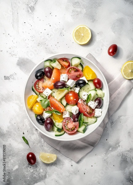 Obraz Greek salad in a plate or bowl on light background. Salad with feta cheese and olives. Generative AI
