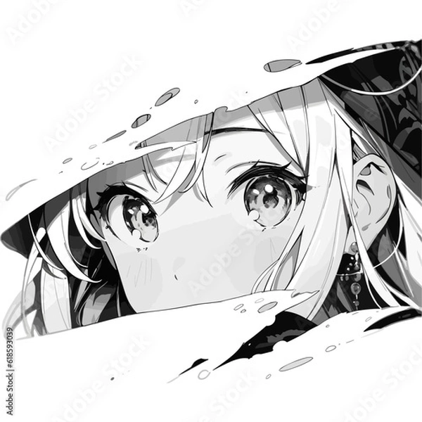 Fototapeta Manga eyes looking with paint dripping from her face. Drawing of black and white anime girl peeps out. Isolated on white background. Vector illustration EPS10