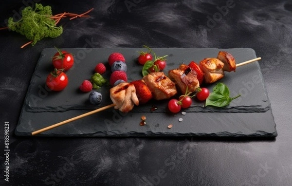 Fototapeta Kebabs - grilled meat skewers, shish kebab with vegetables on black wooden background. Created with Generative AI technology.
