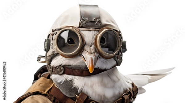 Obraz Dove with old airplane pilot helmet. Generative AI.