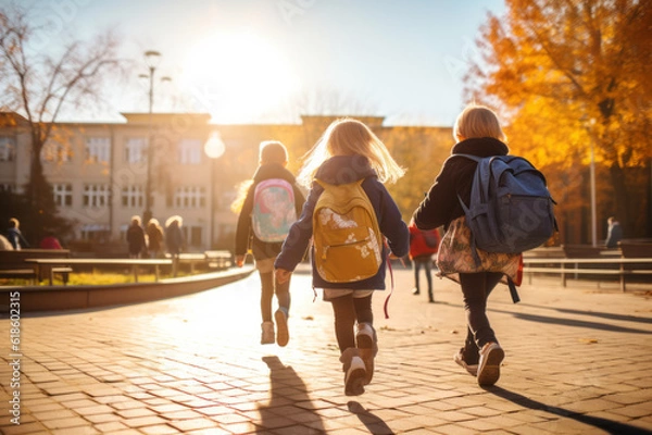 Fototapeta Back to school. Kids with backpack going to school together in vintage color tone. Created using AI tool