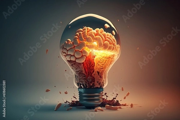 Fototapeta Creative Idea with Brain and Light Bulb Illustration generated by AI
