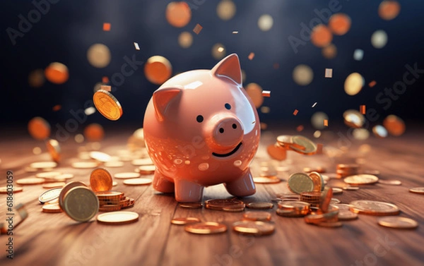 Fototapeta A cute piggy bank smiles under a shower of gold coins