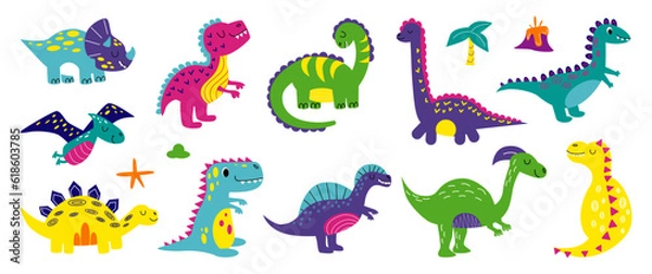 Fototapeta Dino set. Colorful dinosaurs, doodle style drawing, print or nursery decor isolated elements. Fantasy velociraptor and funny T-rex. Childish wild animals cartoon flat vector illustration