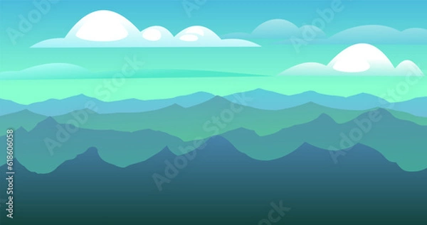 Fototapeta Beautiful mountains. Far horizon landscape. Sharp rock peaks and hills. Ridge and range. Cartoon fun style. Flat design. Vector