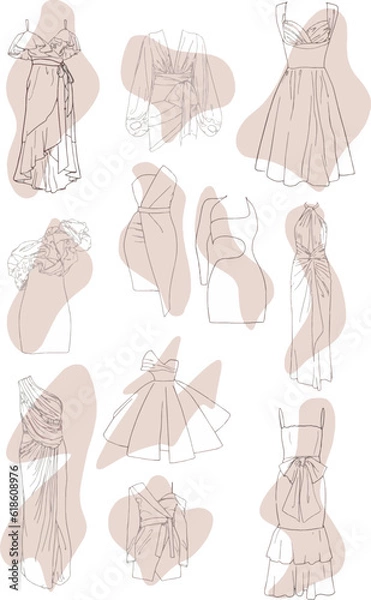 Obraz Stylized set of dresses. Delicate clothes stickers with pink color